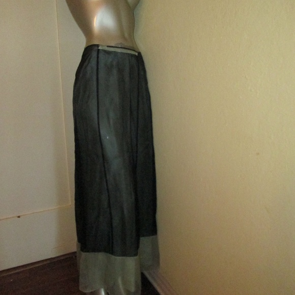 Long Silk Layered Skirt Pale Green Black Two Tone - Picture 1 of 6